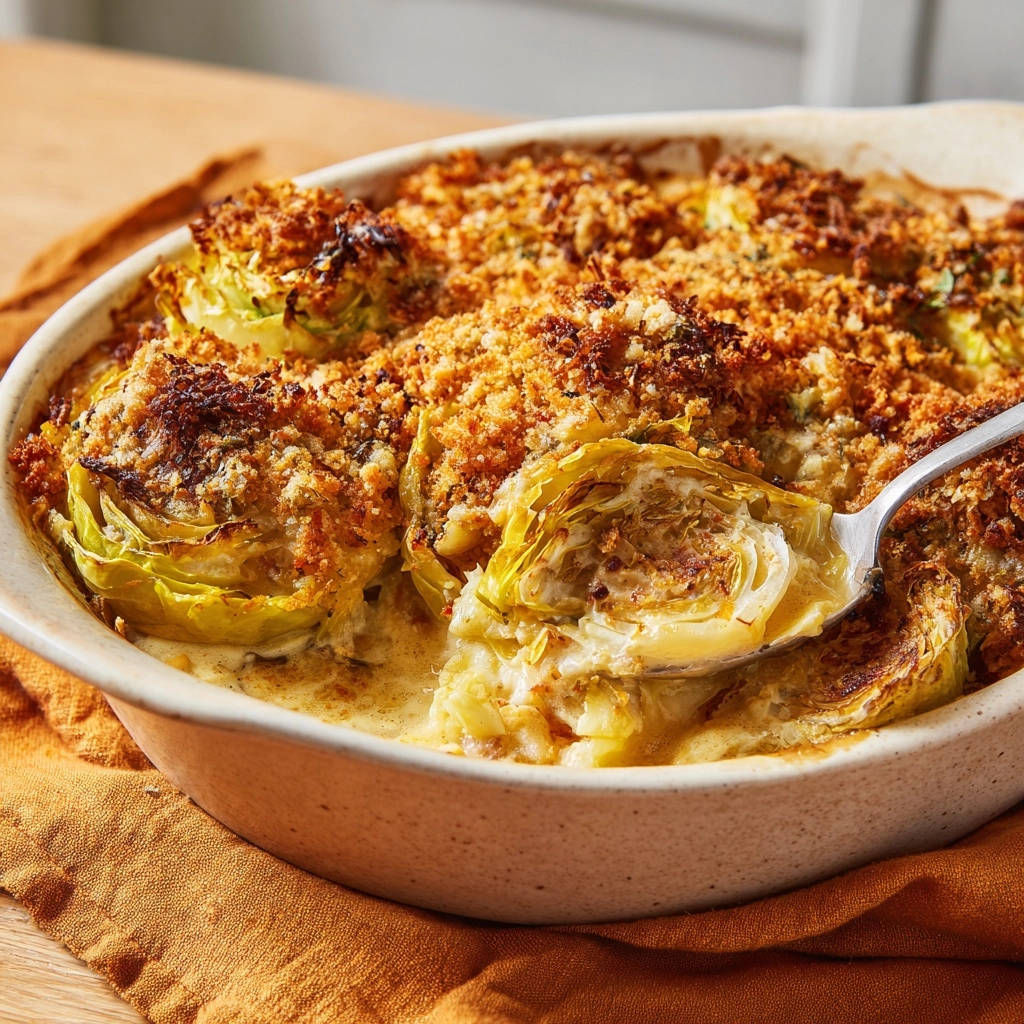 Creamy baked cabbage gratin with a spoonful showing a golden breadcrumb topping and tender interior.