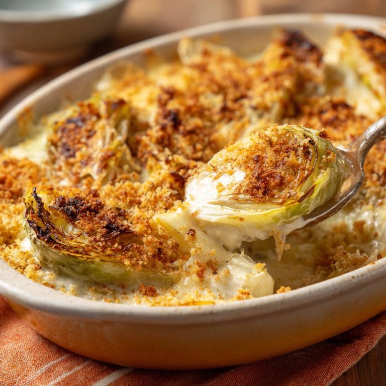 Creamy baked cabbage gratin with a spoonful of golden breadcrumb topping being lifted from the dish.