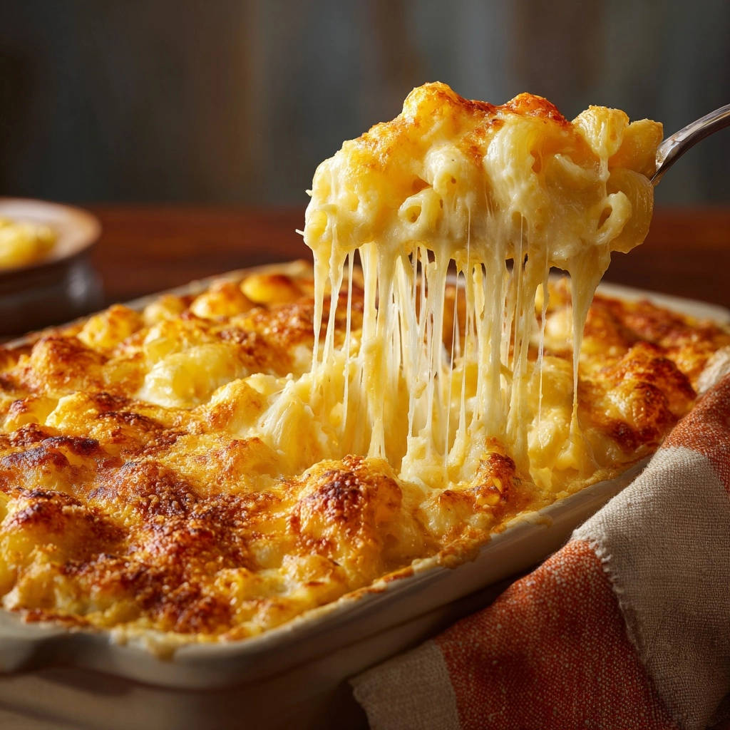 Creamy baked mac and cheese with a dramatic cheese pull captured as it's served from the dish.