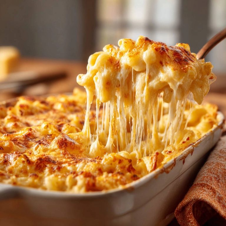 Creamy baked mac and cheese with a dramatic, gooey cheese pull as it's lifted from the dish.
