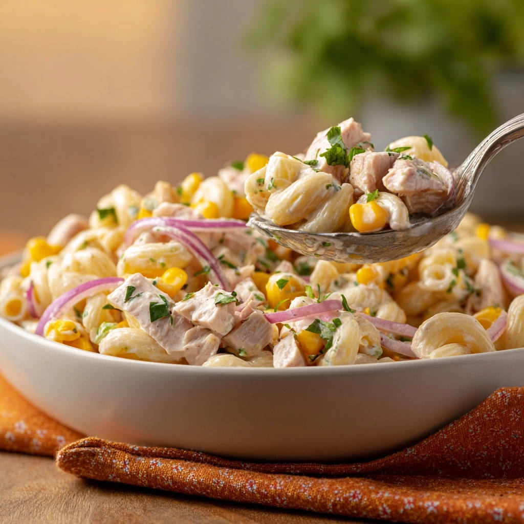 Creamy chicken and corn pasta salad being served with a spoonful, showcasing the creamy texture and ingredients.