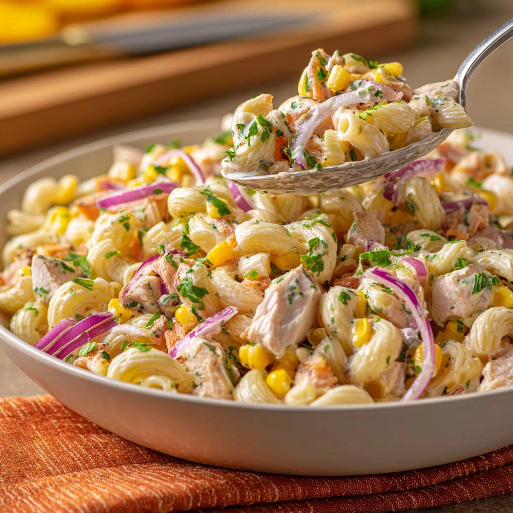 Creamy chicken and corn pasta salad being scooped with a spoon, showing a close-up of the ingredients.
