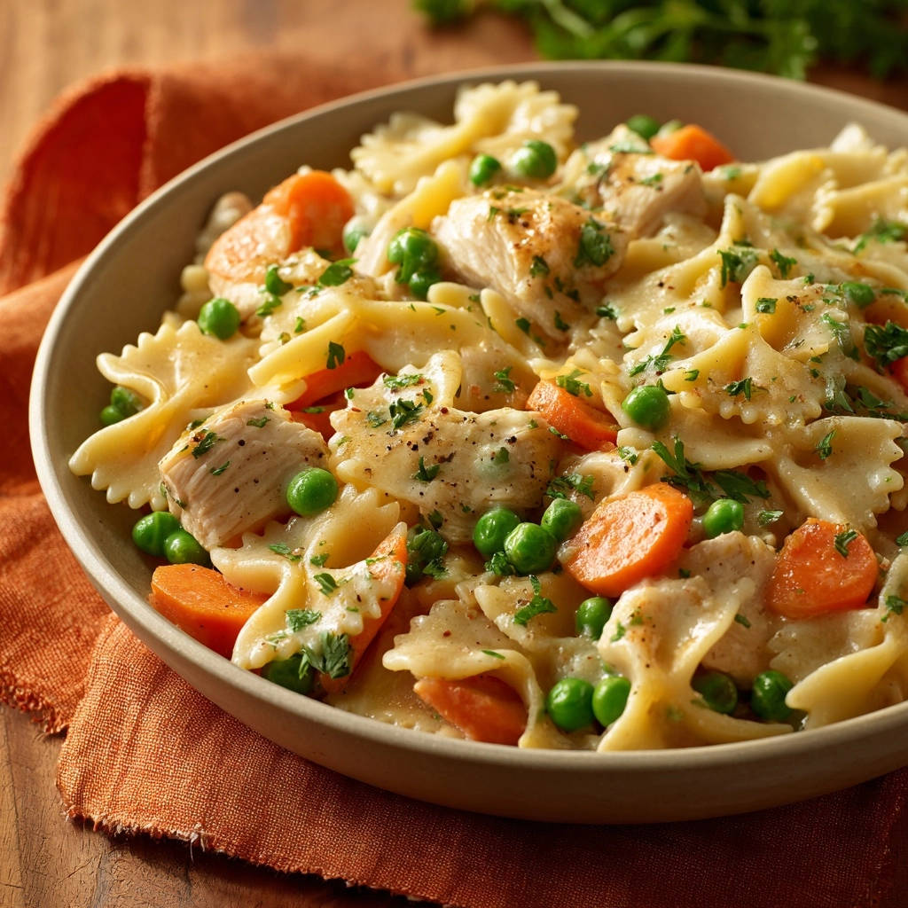 Creamy Chicken & Veggie Bow-Ties served in a bowl, a close-up view showing pasta, chicken, peas, and carrots.