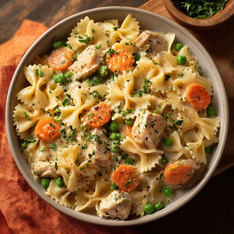 Creamy chicken and veggie bow-ties in a bowl, viewed from directly overhead, showing pasta, chicken chunks, peas, and carrots.