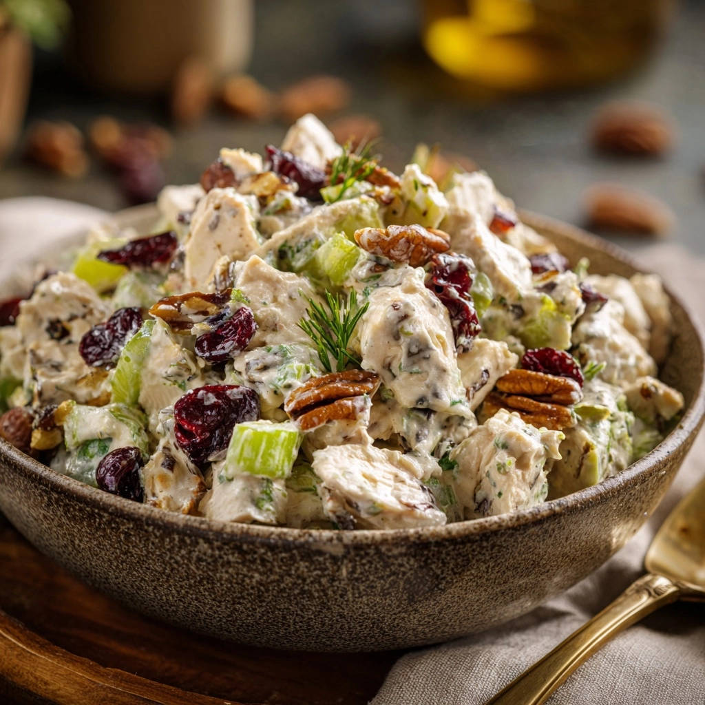 Creamy cranberry pecan chicken salad with pecans and dried cranberries, served in a rustic bowl, close-up view.