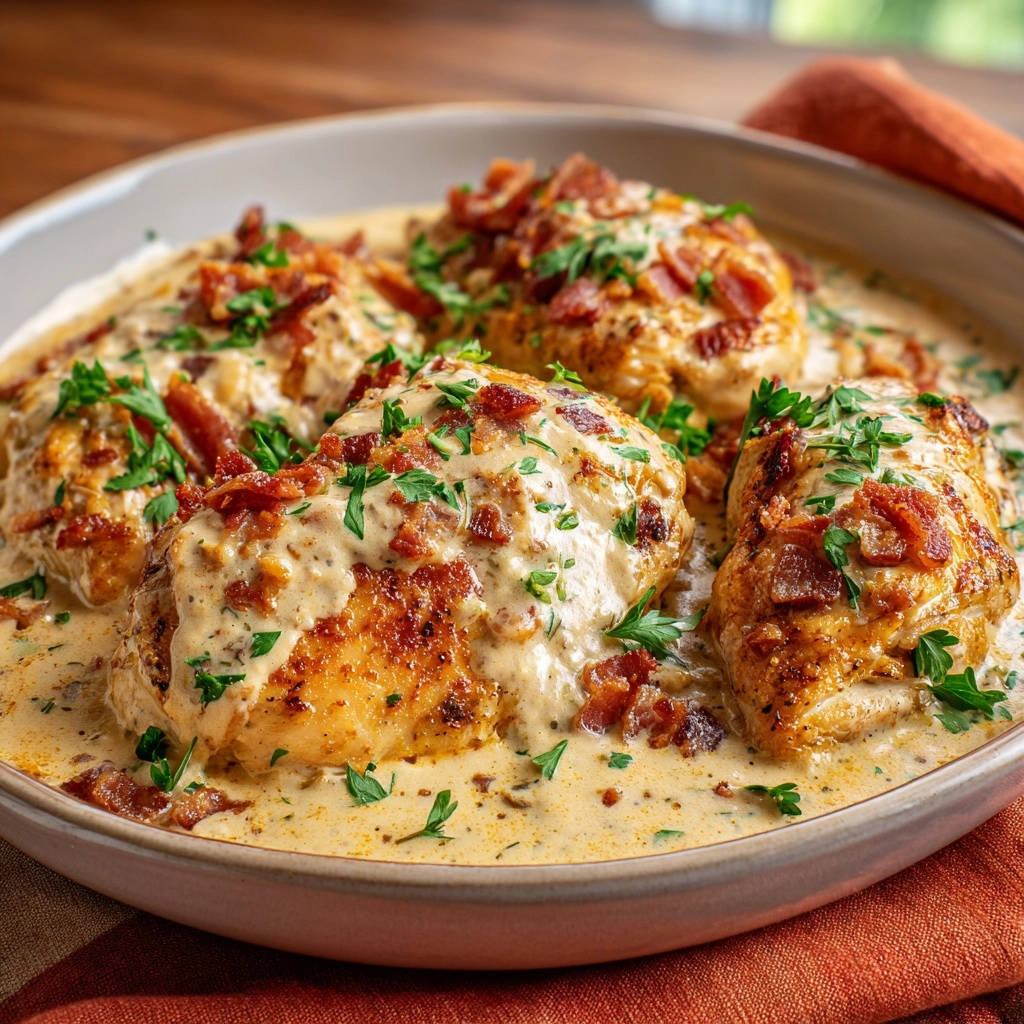 Creamy garlic bacon chicken served in a bowl, garnished with fresh parsley and crispy bacon bits.