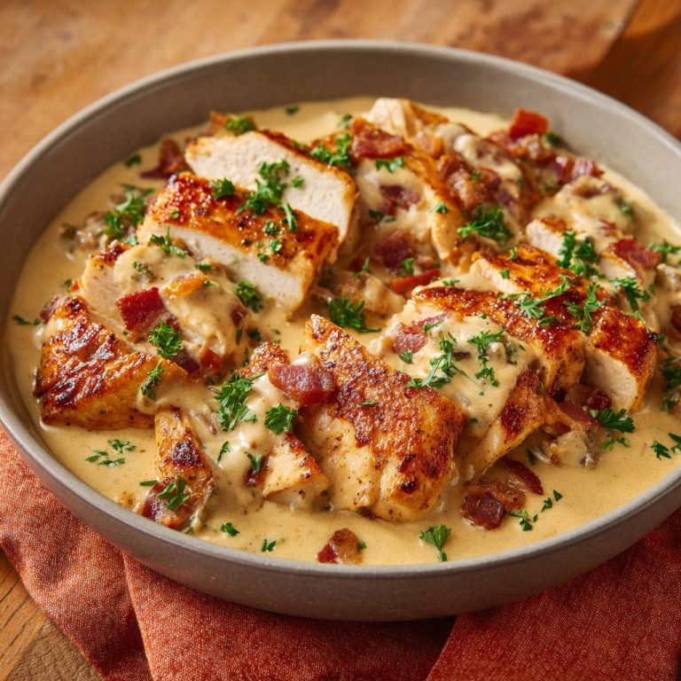 Creamy garlic bacon chicken sliced and served in a bowl with fresh parsley garnish.