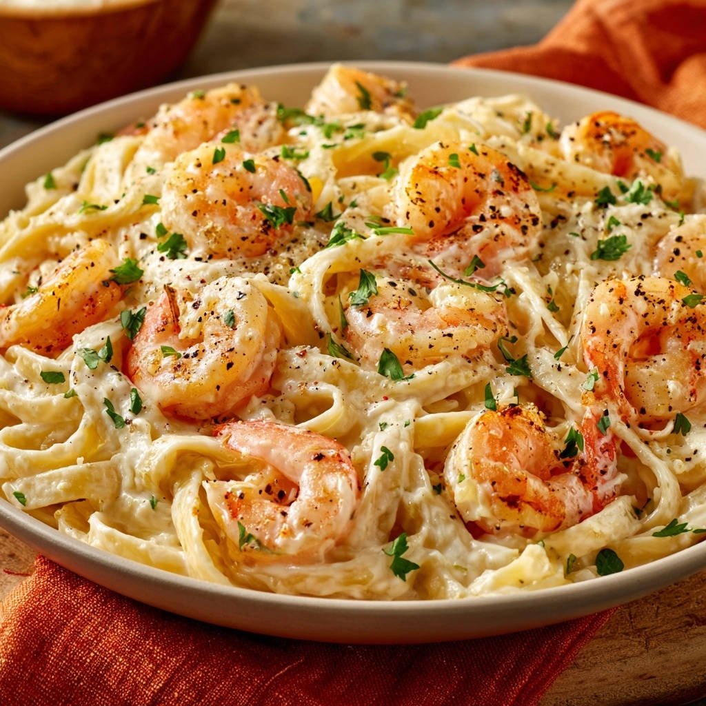 Creamy garlic shrimp fettuccine served in a bowl, featuring tender shrimp and rich pasta, garnished with parsley.