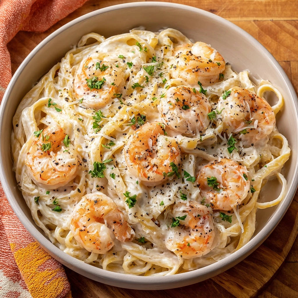 Creamy garlic shrimp fettuccine served in a bowl, showcasing tender shrimp and rich sauce from an overhead perspective.