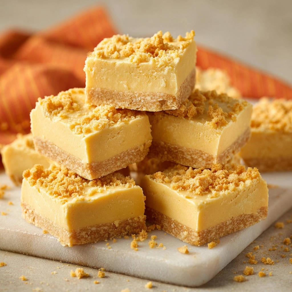 Creamy golden crumb bars stacked high, showing a close-up detail of the crumb topping and thick filling.