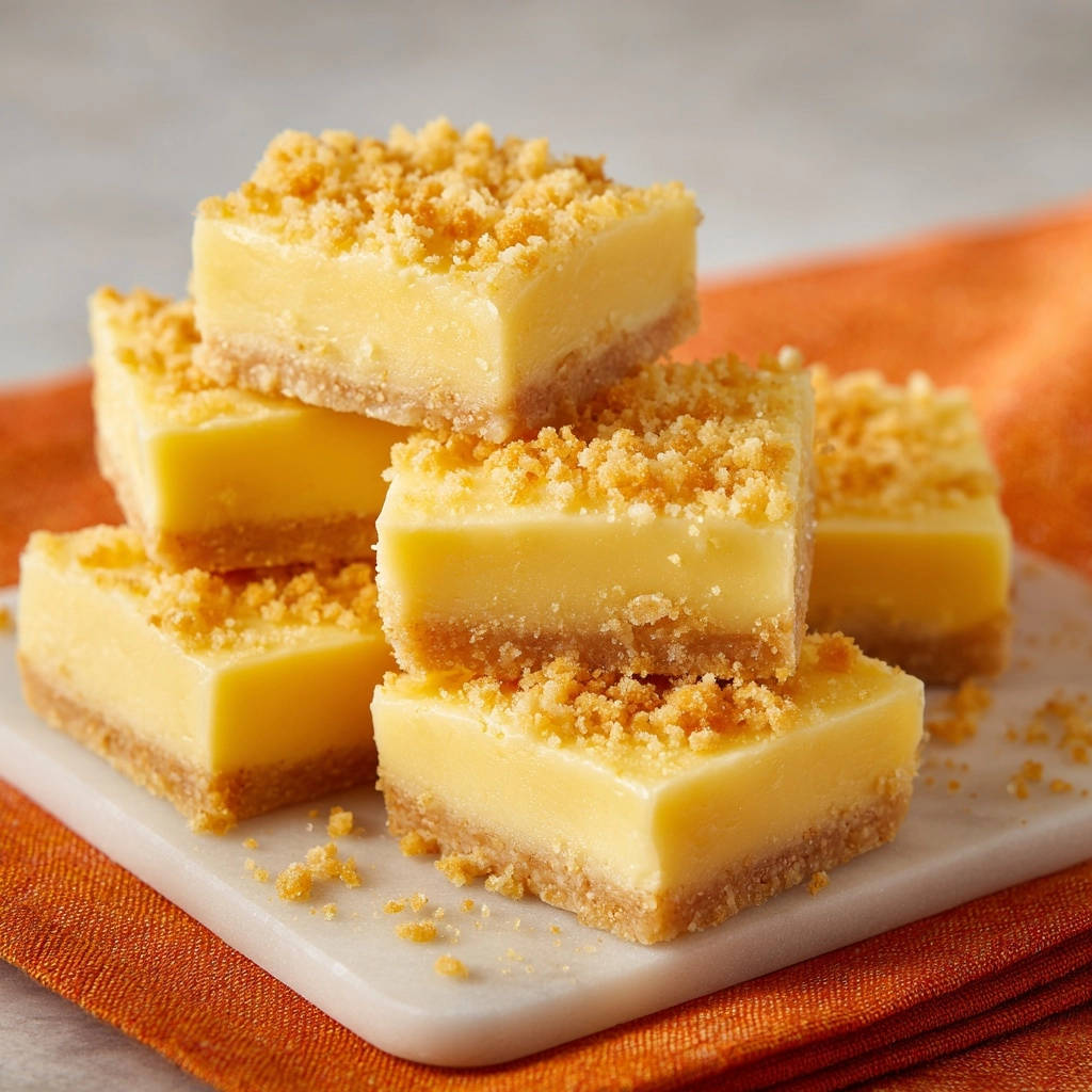 Creamy golden crumb bars are stacked in a close-up view, showcasing their crumb topping and base.