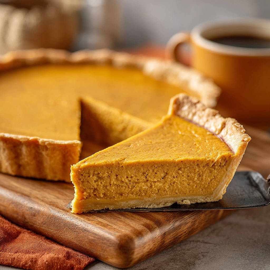 Creamy layered pumpkin pie presented as a close-up cross-section of a slice on a server.