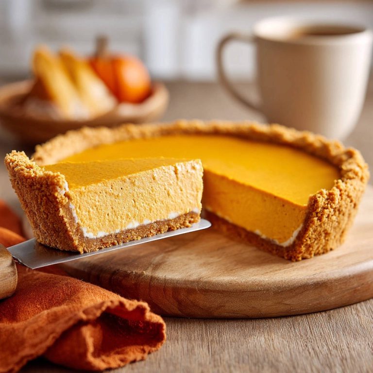 Creamy layered pumpkin pie showing a perfect cross-section with a graham cracker crust and a creamy white layer.