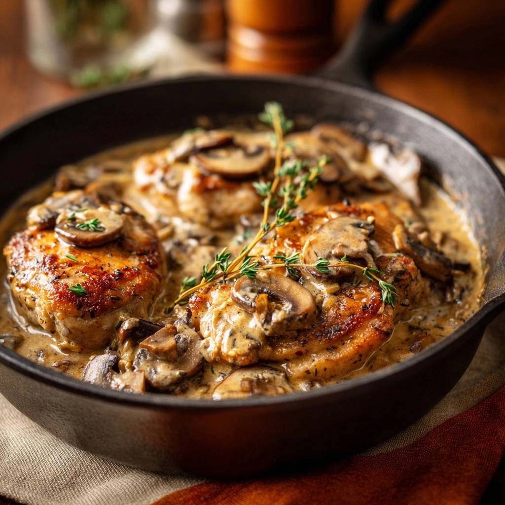 Creamy mushroom chicken skillet shown in a close-up view with tender chicken bathed in a rich, creamy mushroom sauce.