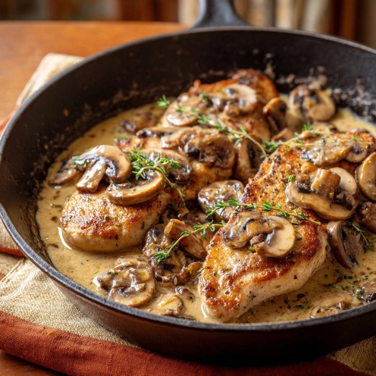 Creamy mushroom chicken skillet shown close-up in a cast iron pan with fresh thyme garnish.