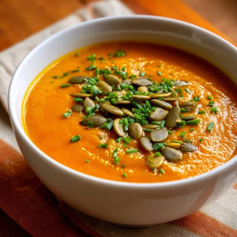 Creamy roasted squash soup garnished with pumpkin seeds and chives in a white bowl.