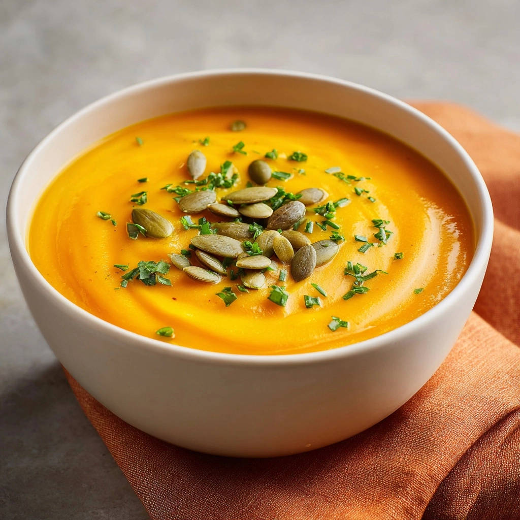 Creamy roasted squash soup garnished with pumpkin seeds and fresh herbs in a white bowl.