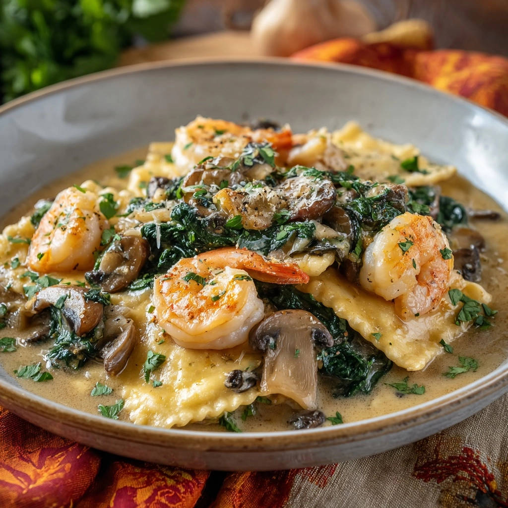 Creamy shrimp ravioli with mushrooms and spinach served in a close-up bowl with a rich, velvety sauce.