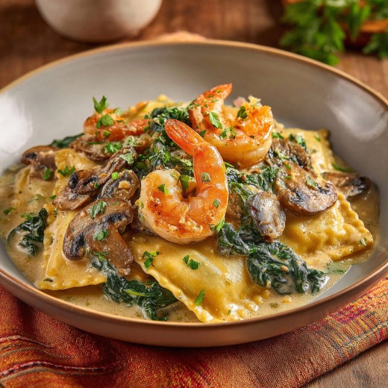 Creamy shrimp ravioli with mushrooms and spinach in a velvety sauce, shown in a close-up bowl view.