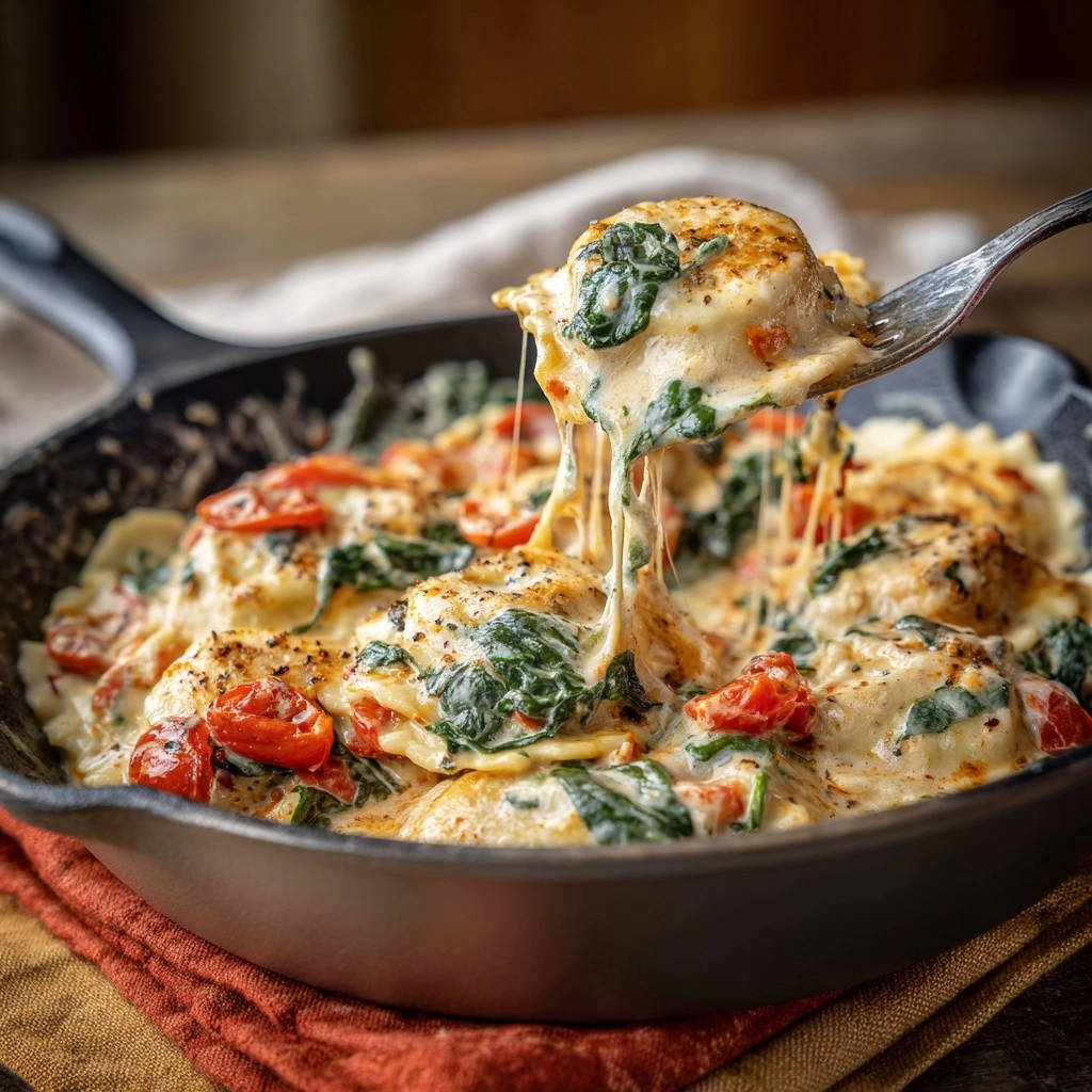 Creamy spinach and tomato ravioli being lifted from a skillet on a fork, showing a delicious cheesy pull.