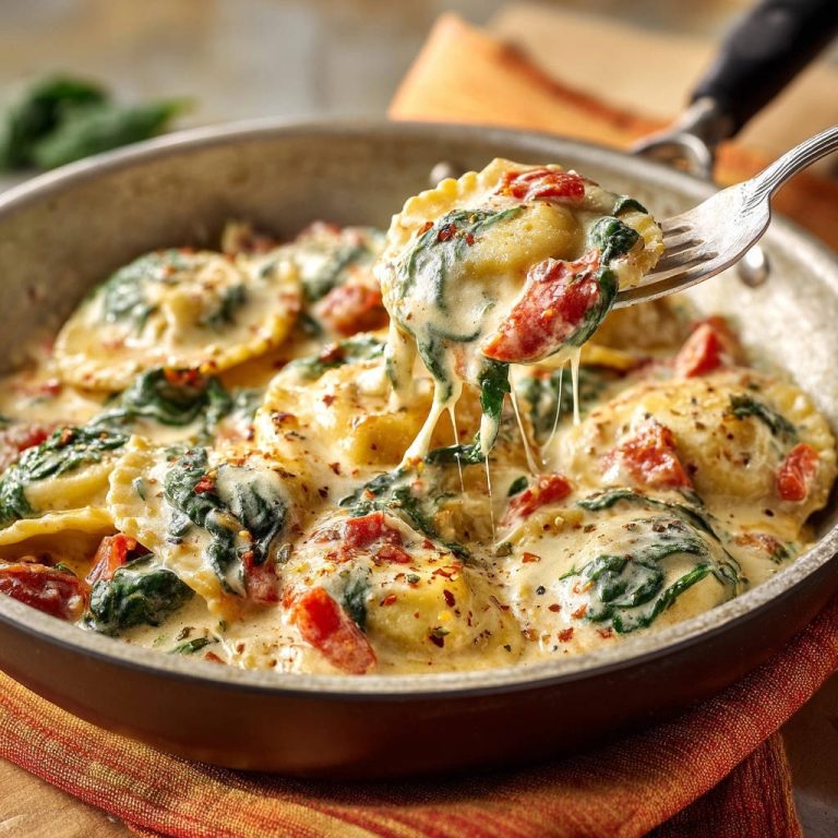 Creamy spinach and tomato ravioli lifted on a fork, showing melted cheese and a rich sauce.
