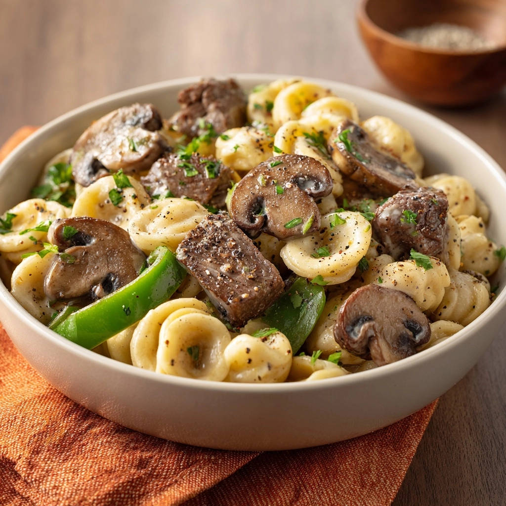Creamy steak and mushroom pasta served in a close-up bowl with orecchiette pasta, mushrooms, and green peppers.