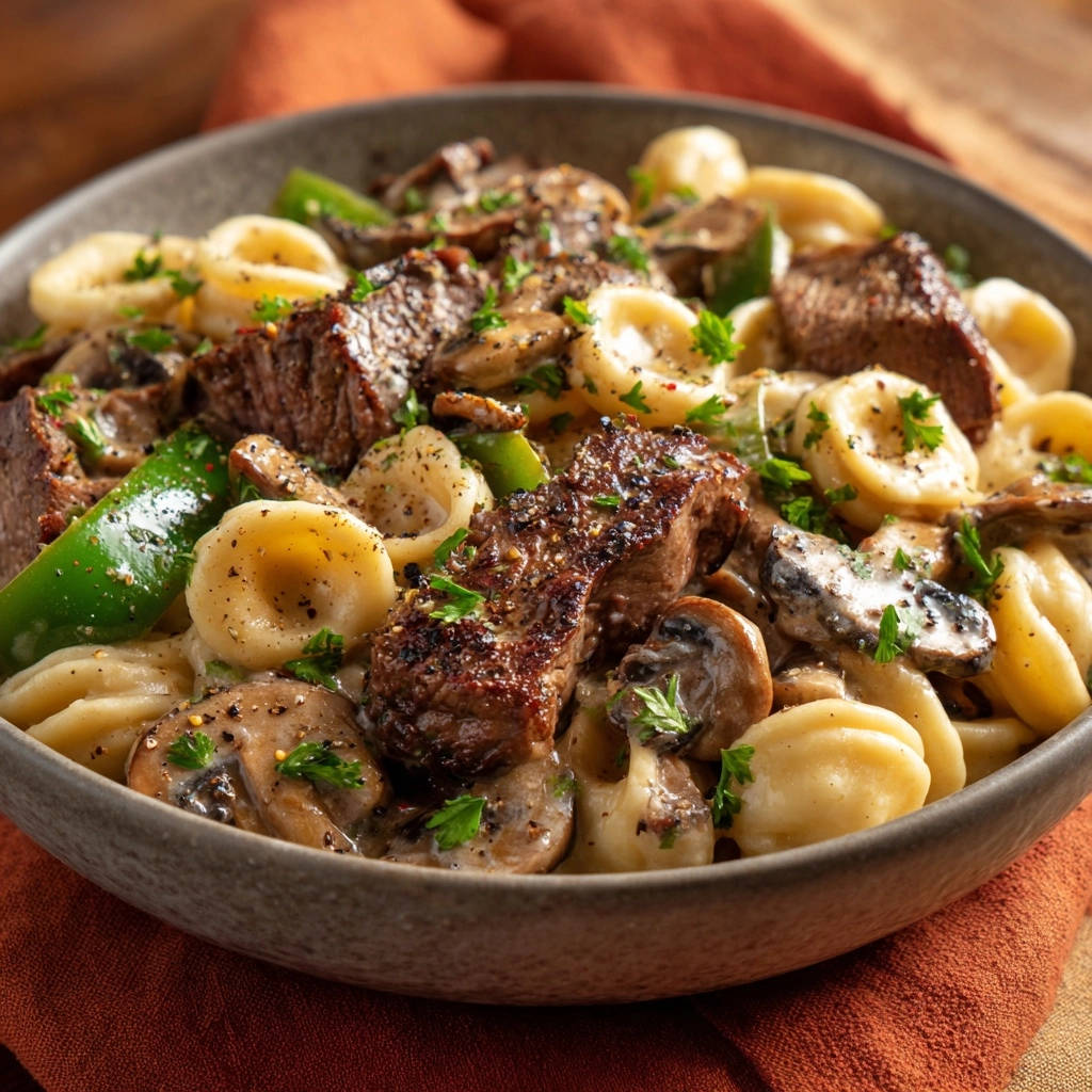 Creamy steak and mushroom pasta served in a rustic bowl, showcasing tender steak, orecchiette, and mushrooms.