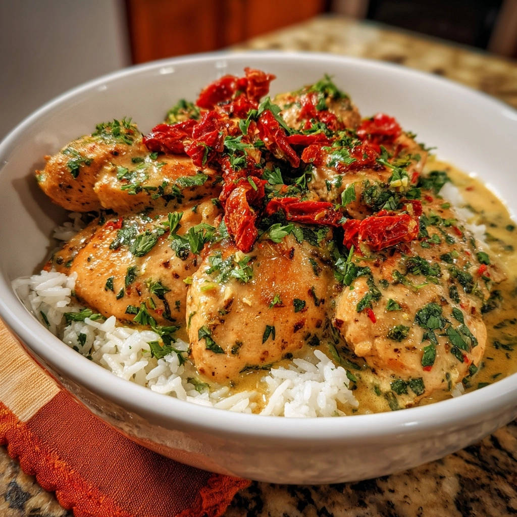 Creamy Tuscan chicken with sun-dried tomatoes served over white rice in a white bowl, garnished with parsley.