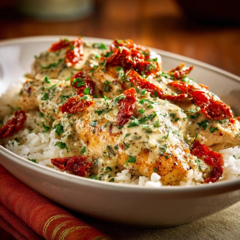 Creamy Tuscan chicken with sun-dried tomatoes served over rice, showcasing a rich, creamy sauce and fresh parsley garnish.