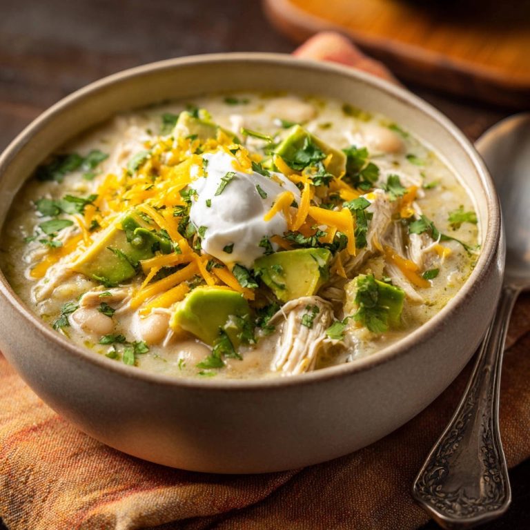 Creamy white chicken chili shown in a bowl, generously garnished with avocado, cheese, and cilantro.
