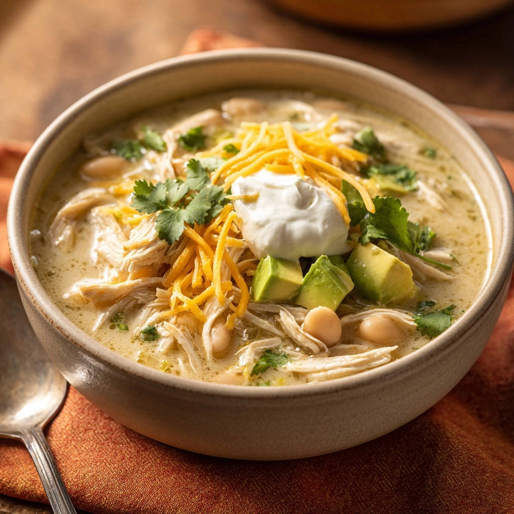 Creamy white chicken chili garnished with shredded cheese, sour cream, avocado, and cilantro in a close-up bowl.