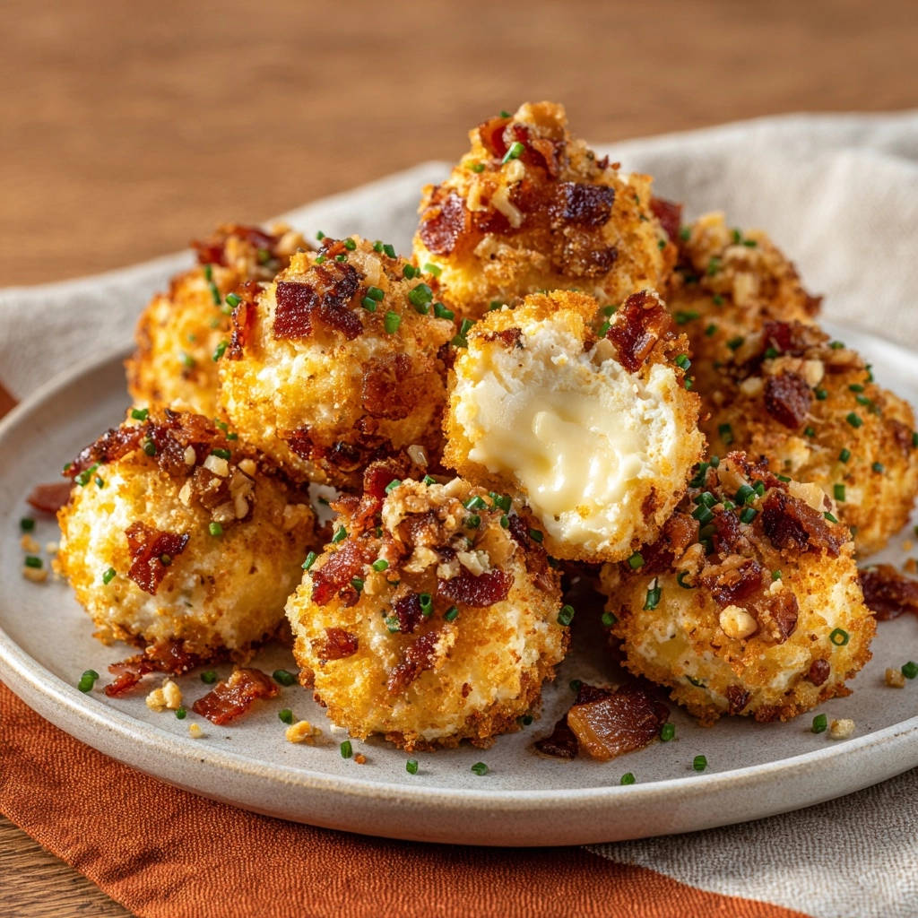 Crispy cheesy bites cross-section showing the gooey melted cheese interior, garnished with bacon and chives.