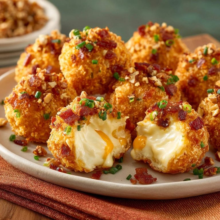 Crispy cheesy bites showing a gooey, melted cheese interior with bacon and chives garnish.