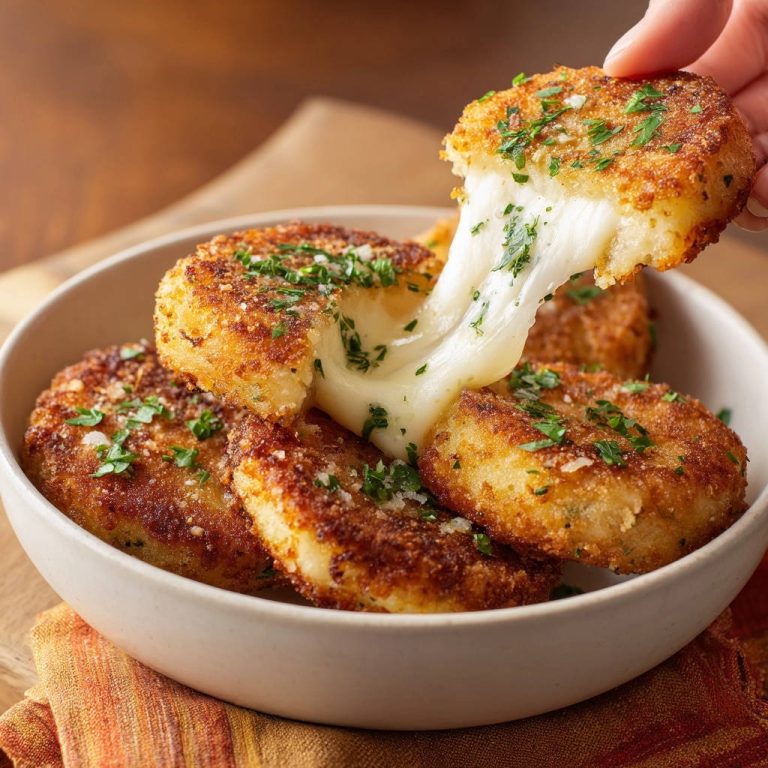 Crispy cheesy potato patties with a gooey cheese pull, showcasing the melted mozzarella interior.