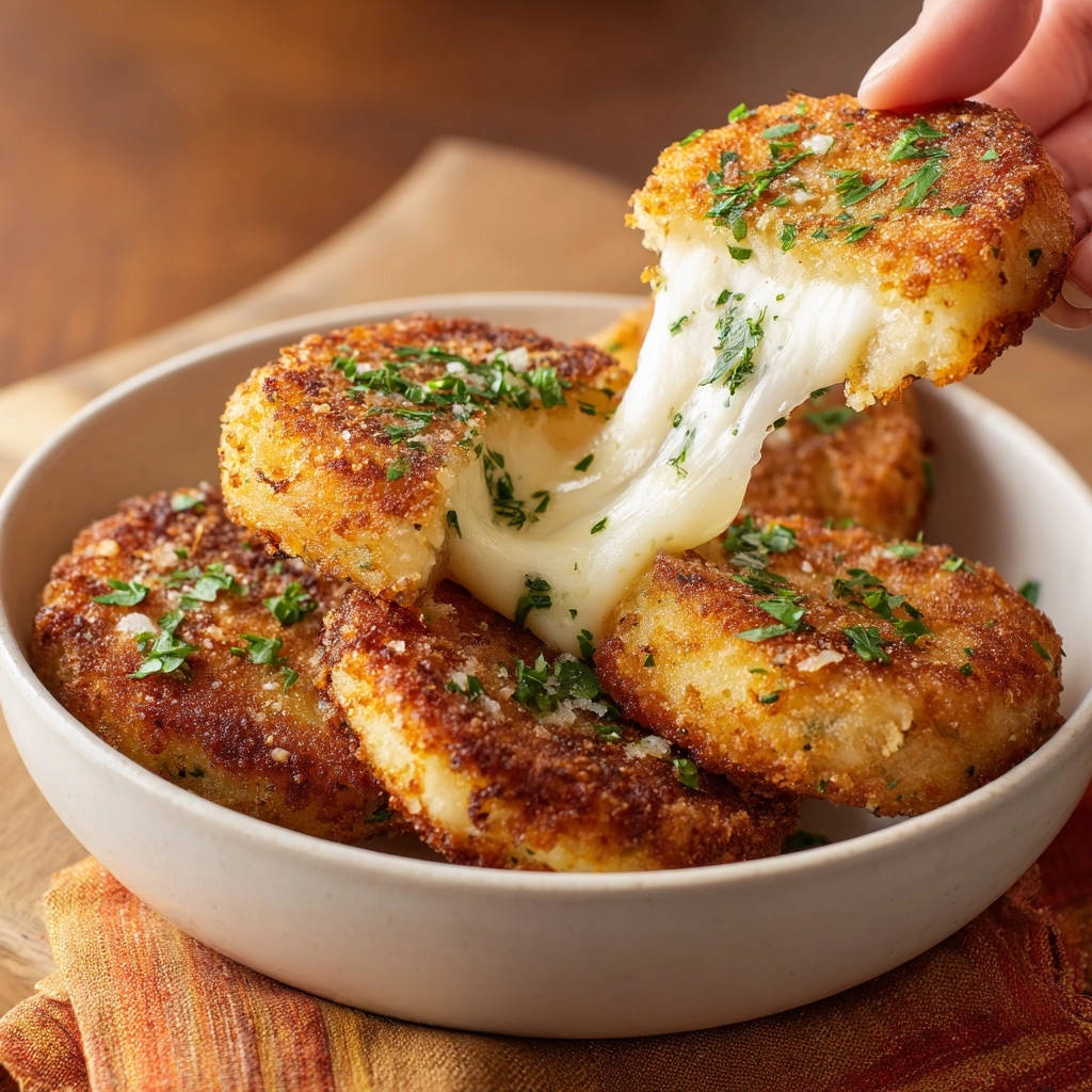 Crispy cheesy potato patties with a gooey cheese pull, showcasing the melted mozzarella interior.