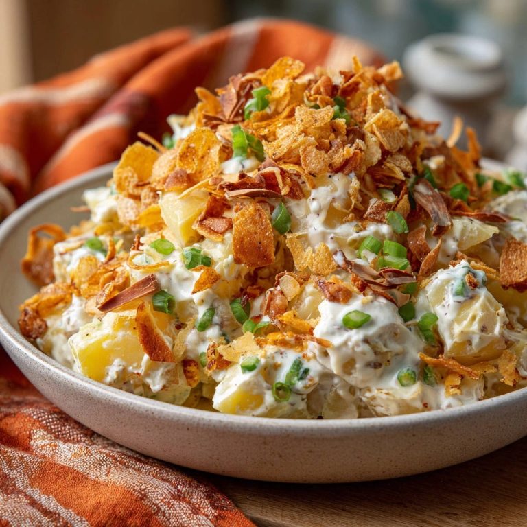 Crispy topped potato salad featuring a generous pile of fried onions and chives as a topping.