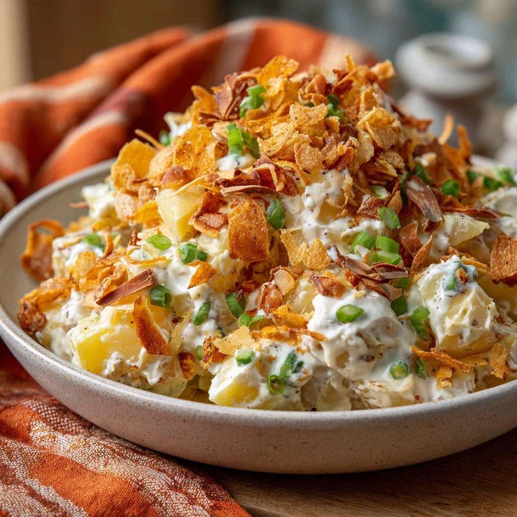 Crispy topped potato salad featuring a generous pile of fried onions and chives as a topping.