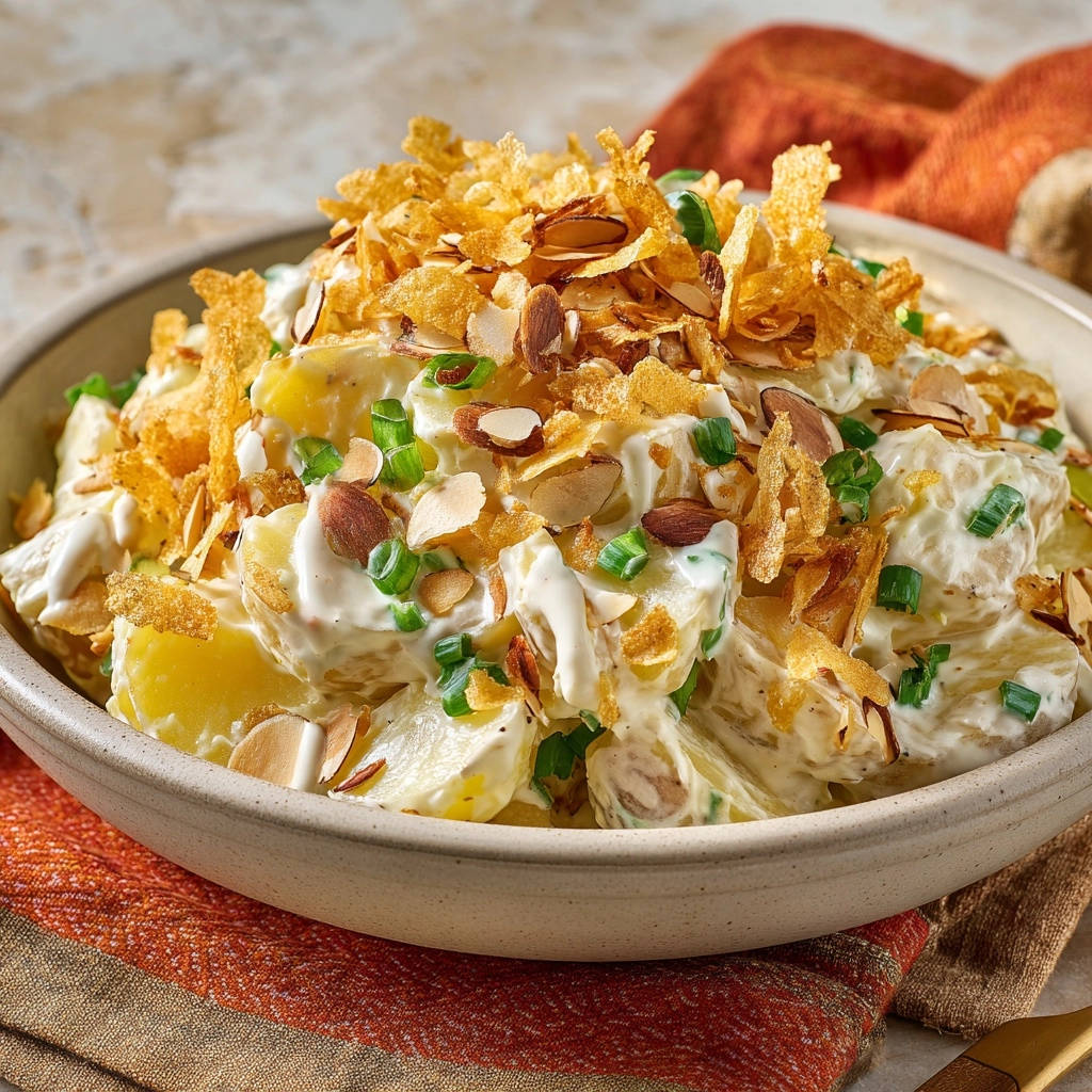 Crispy topped potato salad features a generous topping of fried onions and sliced almonds over creamy potatoes.