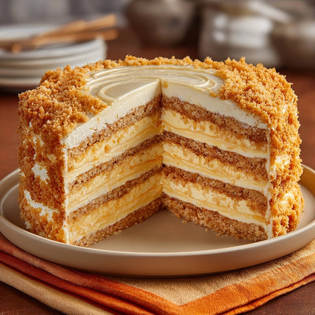 Decadent caramel layer cake, sliced to reveal a beautiful cross-section of cake layers and creamy filling.