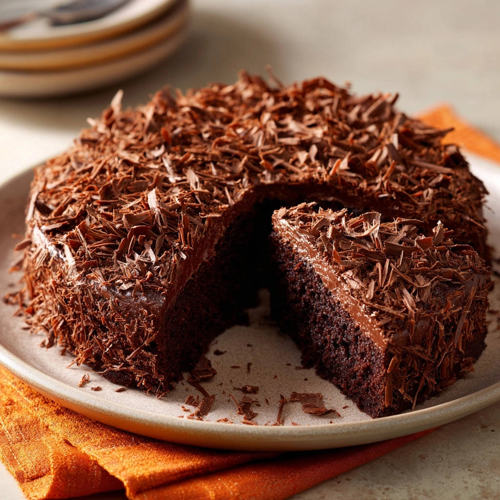 Decadent chocolate layer cake generously topped with abundant dark chocolate shavings, with one slice removed.