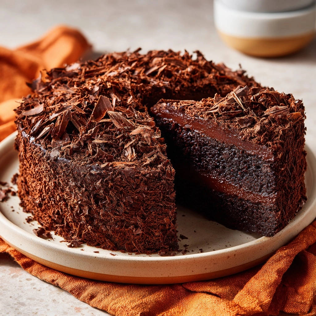 Decadent chocolate layer cake cross-section showing moist crumb and rich chocolate filling, topped with chocolate shavings.