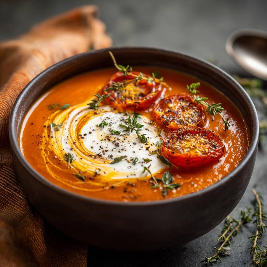 Deep-dive roasted tomato soup with a creamy swirl, fire-roasted tomatoes, and fresh thyme garnish.
