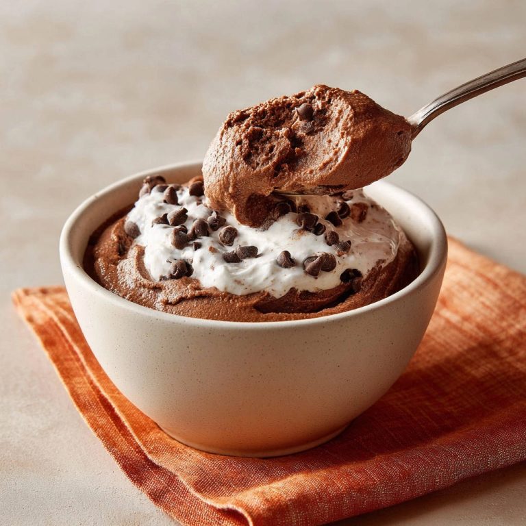 Dreamy chocolate mousse with a spoonful being scooped out, topped with whipped cream and chocolate chips.