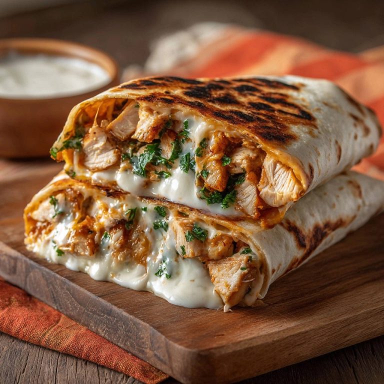 Easy cheesy chicken wraps shown in a close-up cross-section revealing gooey melted cheese and tender chicken pieces.