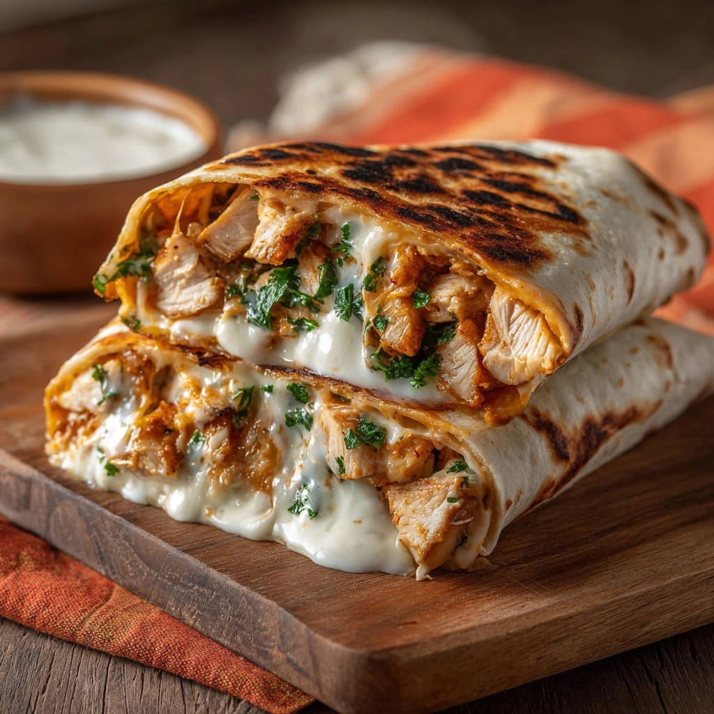 Easy cheesy chicken wraps shown in a close-up cross-section revealing gooey melted cheese and tender chicken pieces.