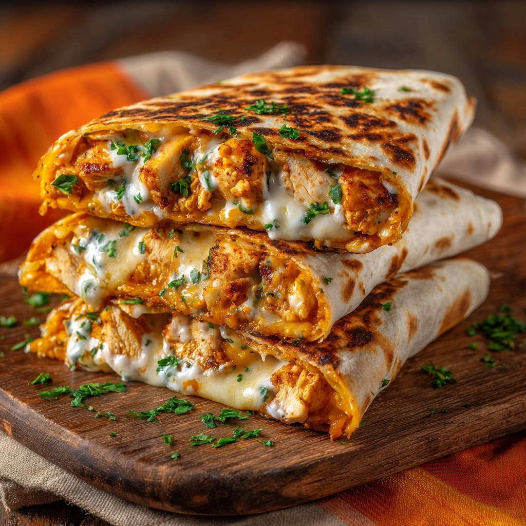 Easy cheesy chicken wraps stacked in a cross-section, showcasing melted cheese and seasoned chicken filling.