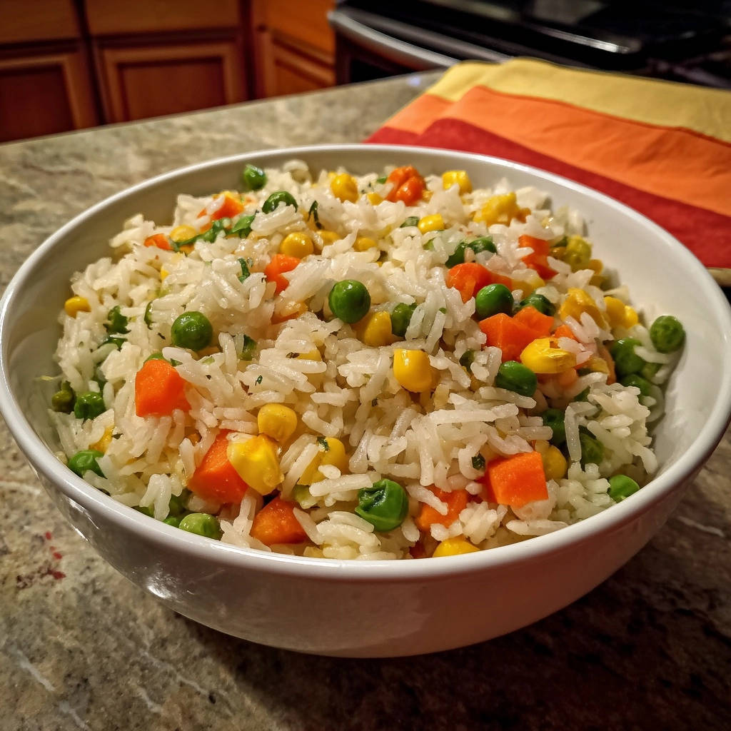 Easy fluffy veggie rice presented in a white bowl, showcasing a close-up view of mixed vegetables and fluffy rice grains.