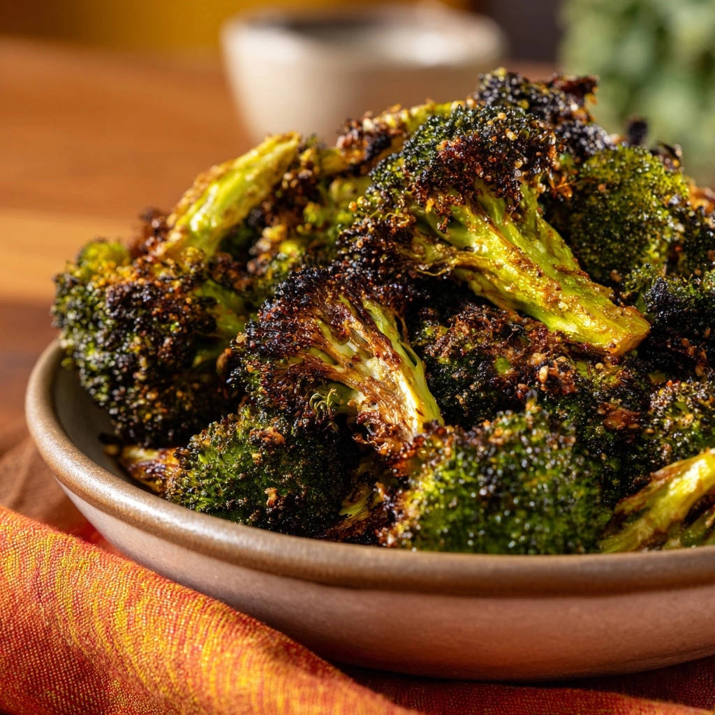 Easy roasted broccoli with a close-up view highlighting its crisp, tender texture and browning.