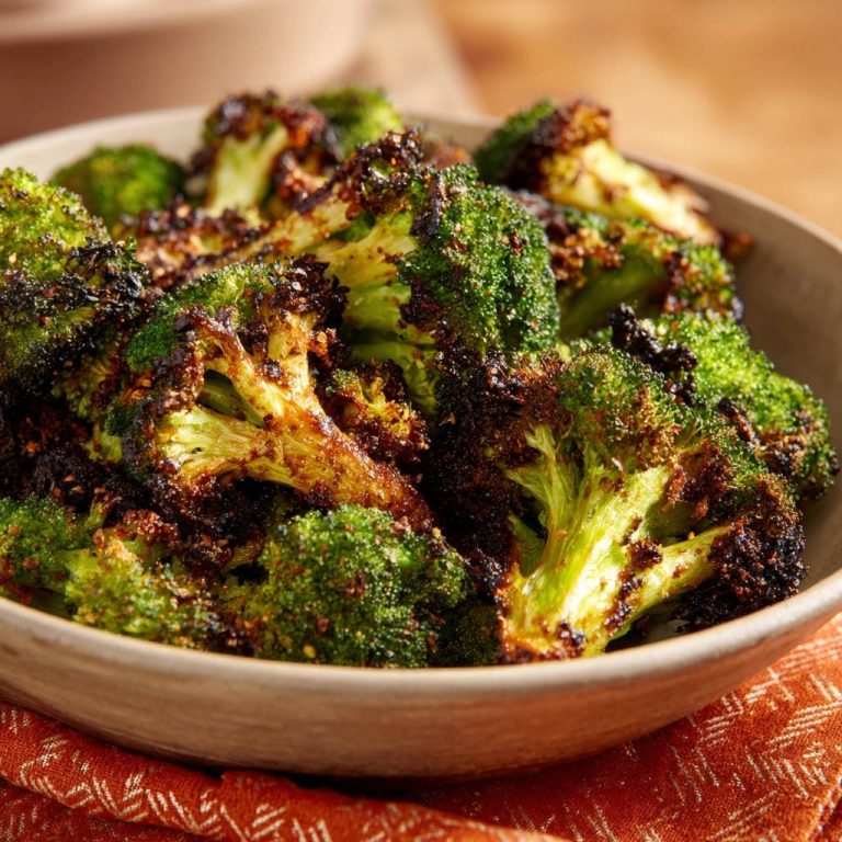 Easy roasted broccoli showing its crisp, tender texture and slight charring in a rustic bowl.