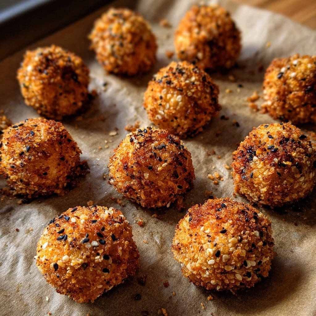 Everything bagel crunch bites featuring a textured coating of sesame and poppy seeds on parchment paper.